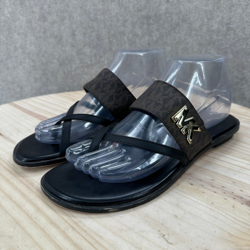 Michael Kors Sidney Flat Sandals Womens 8.5M Brown Black Logo Thong Slide - Picture 7 of 10
